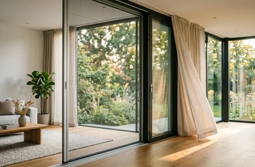 Intérieur contemporain avec grandes portes vitrées donnant sur jardin