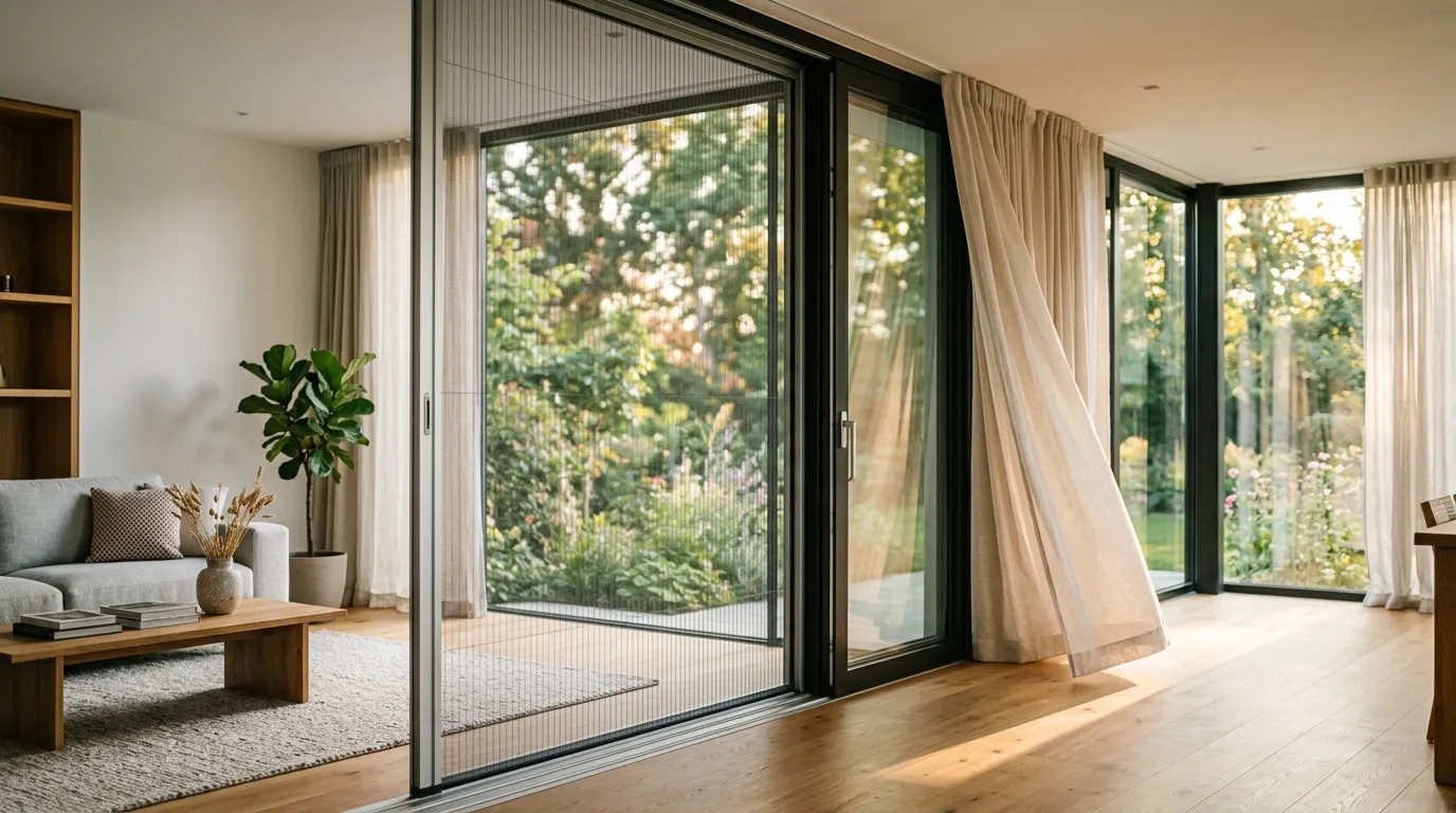 Intérieur contemporain avec grandes portes vitrées donnant sur jardin