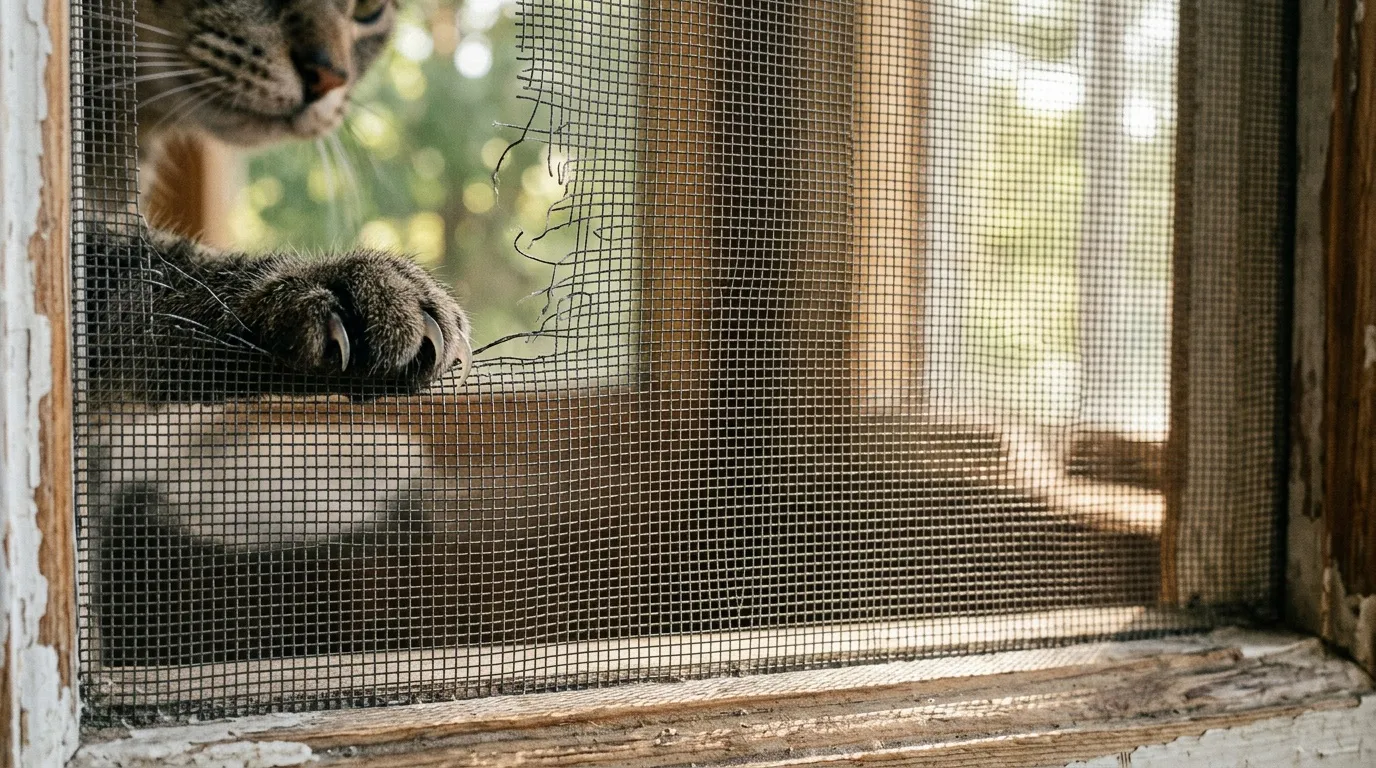 Chat regardant dehors par une fenêtre grillagée