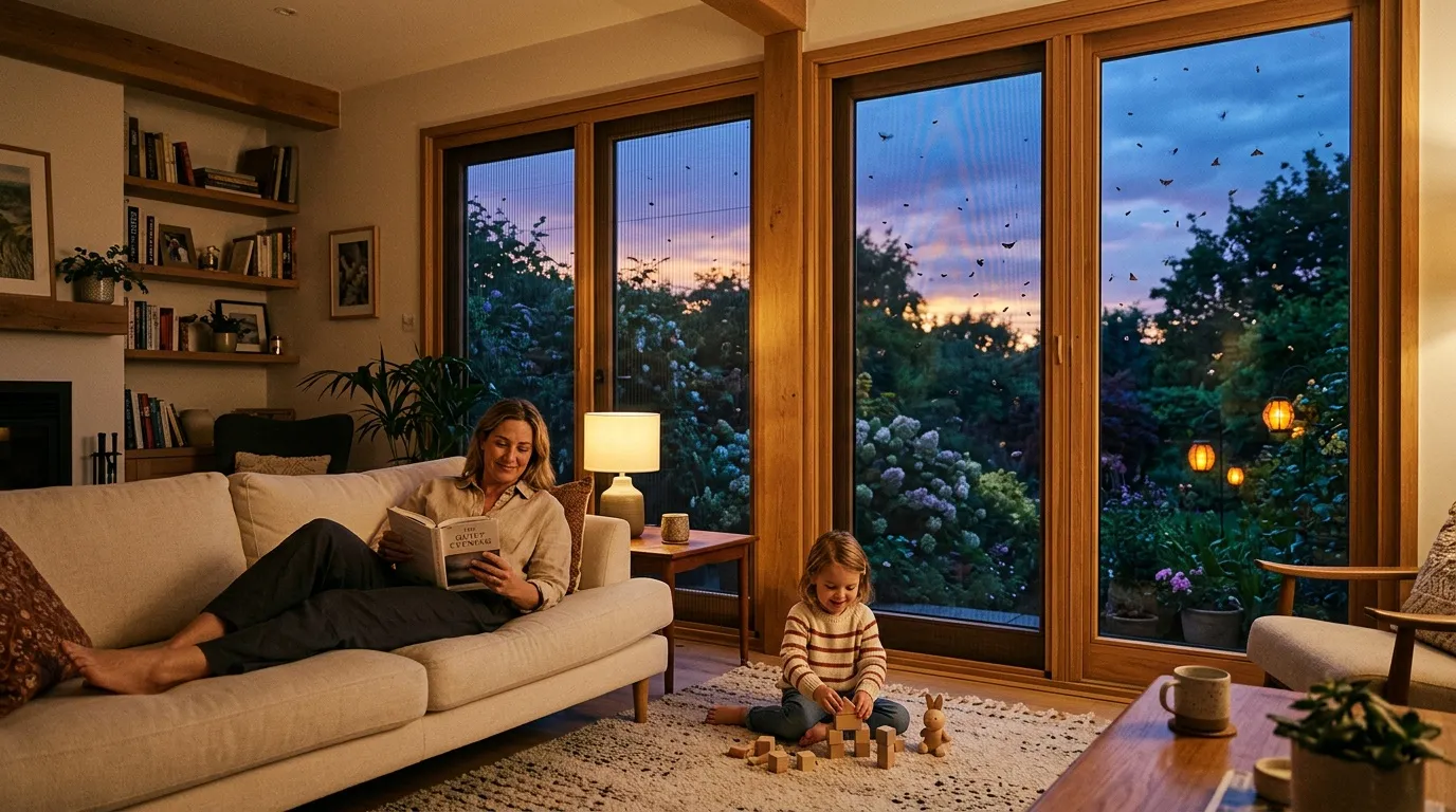 Mère et enfant dans salon moderne au crépuscule avec vue jardin